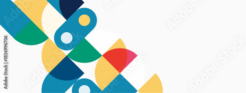 Abstract geometric shapes overlap, creating vibrant colorful composition. White space dominates background. Modern design elements present.