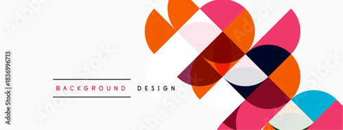 Abstract geometric shapes overlap, creating vibrant design. Circles, semicircles, pinks, oranges dominate neutral backdrop. Modern aesthetic.