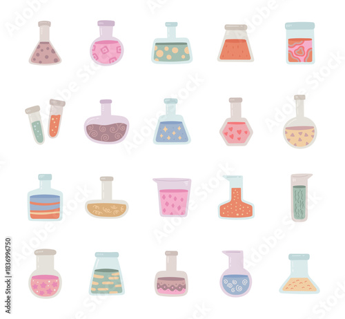 Chemical flask set in scandinavian style for laboratory experiment for creating imaginative scientific elements composition materials concepts purposes useful for illustration and design projects
