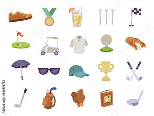 Golf equipment set in scandinavian style featuring footwear, trophy, cart, ball, glove, umbrella, cap, notebook, driver, club, tee, beverage, sunglasses and gear