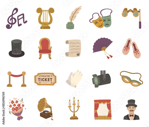 Theater set in scandinavian style showcasing note sign, lyre, inkwell, quill, mask, binoculars, armchair, fan, ticket, spotlight, bouquet, gramophone, candelabra, curtain, stage