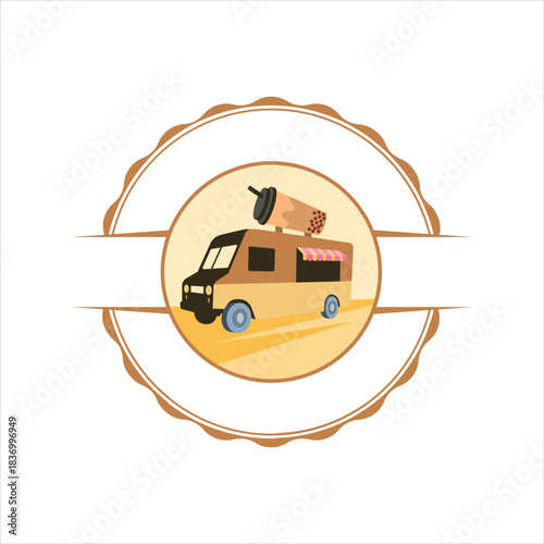 Bubble tea food truck logo badge for mobile street food vendor Vector