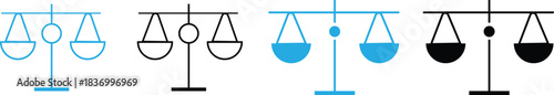 Minimal law balance scale icons set in blue, black, and outline style - stock vector.