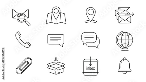 Line art communication and navigation icons. Suitable for web design projects, social media graphics, and informational materials for visual interest.