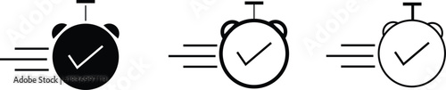 Fast approval stopwatch icon set with checkmark symbol in multiple styles.