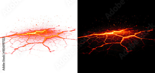 Glowing molten lava ground with cracked magma surface and erupting sparks