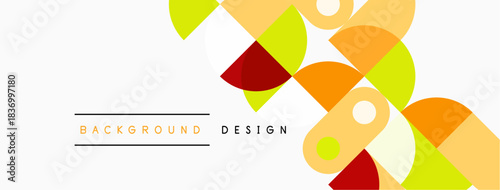Abstract geometric shapes overlap, creating vibrant background design. Colors include orange, red, yellow, beige. Modern aesthetic.