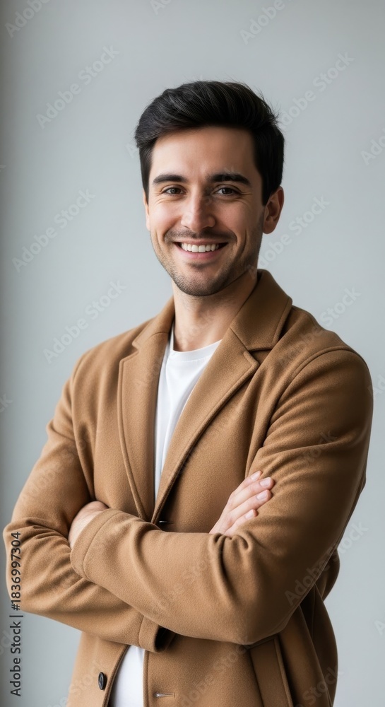 Obraz premium Smiling man in tan coat with arms crossed