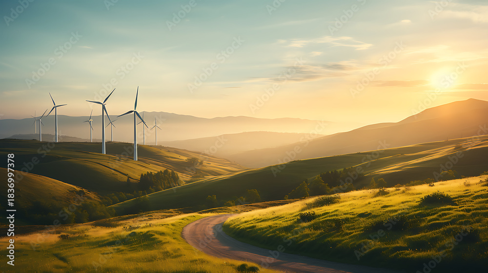 Obraz premium Wind turbines standing across rolling hills at sunset, generating clean renewable energy and highlighting the harmony between modern technology, sustainable development, and natural landscapes
