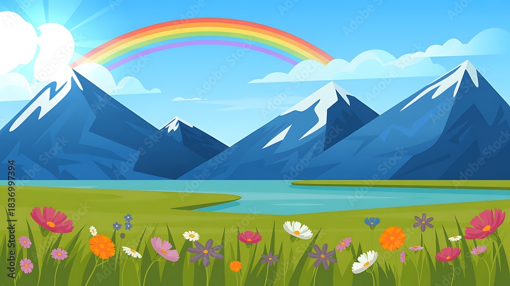 Fototapeta premium An enchanting digital illustration showcasing a picturesque mountain range, a calm reflective lake, and a vibrant field of flowers, bathed in sunlight under a spectacular rainbow