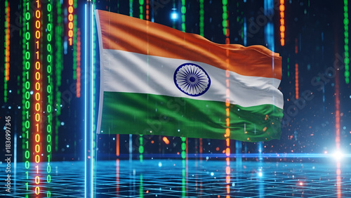 Republic spirit on 26 January with the Indian flag in digital space celebrating Independence and Independent heritage of India and 15 Agust Day patriotism in world future era cyber