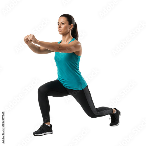 Woman doing lunges isolated on transparent or white background, png 