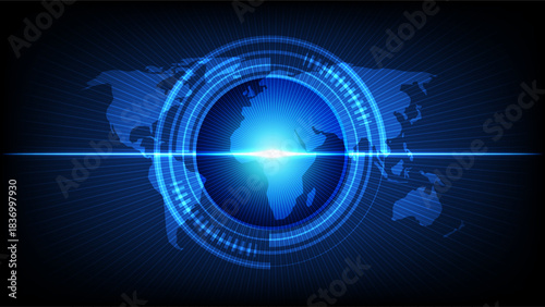 Futuristic digital globe with glowing blue light, global connections and tech interface elements on a dark background
