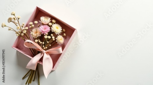 A Delicate Bouquet of Pastel Flowers in a Pink Gift Box on a White Background