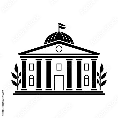 Silhouette of a classic building with columns, dome, flags, and ornamental foliage