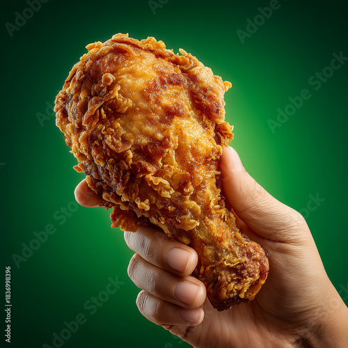 hand holding fried chicken on a green background.
