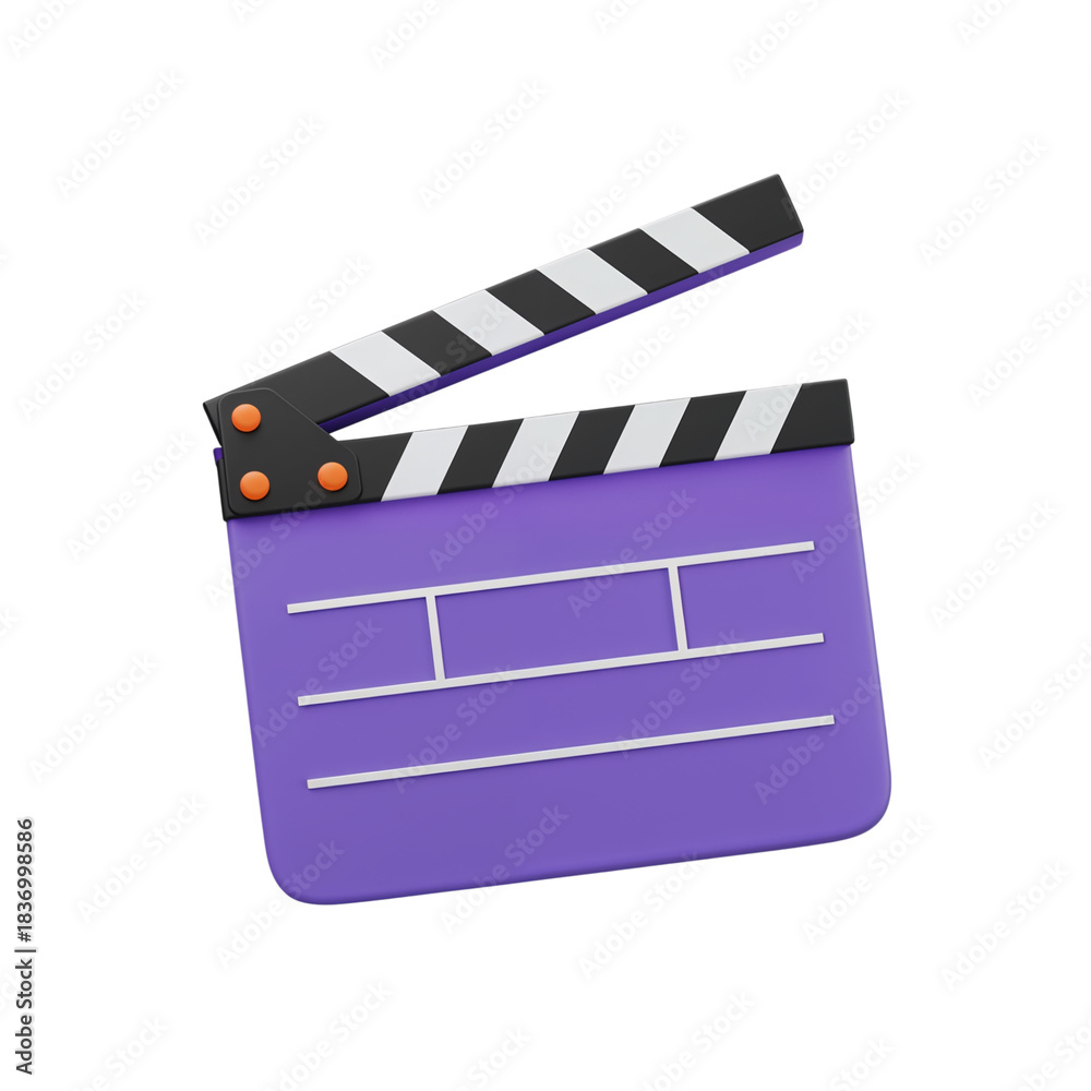 Obraz premium A purple movie clapperboard with black and white stripes is open and isolated on a transparent background isolated on transparent background