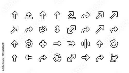 Assortment of Black Outline Arrow Icons on a White Background arrows direction