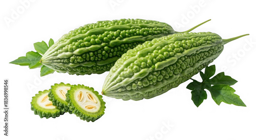 3d bitter melons and slices isolated on transparent background