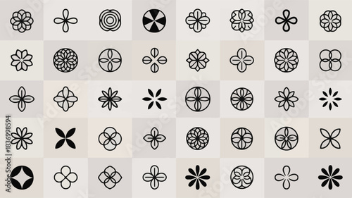 Collection of 40 minimalist floral and geometric line art icons on a neutral background Keywords: icon, symbol, design, graphic, element, abstract, pattern, shape, minimalist