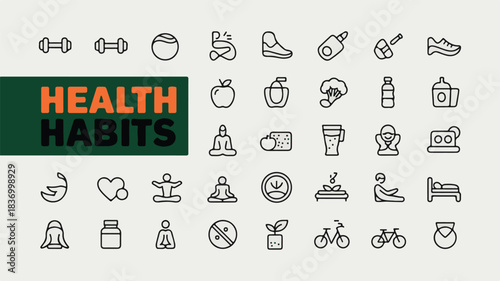 Health Habits Icons Featuring Exercise Nutrition and Wellness Symbols vector illustration