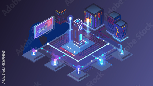 Isometric illustration of a server room with connected devices and a screen displaying data analysis graph