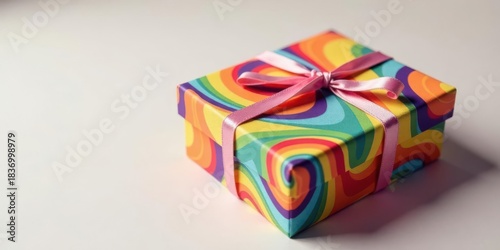 Wallpaper Mural A brightly colored gift box with a pink ribbon, ready for a special occasion or celebration.  The whimsical rainbow design adds a touch of joy and festivity. Torontodigital.ca