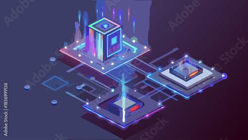 Isometric illustration of glowing cube and chips on a dark background with neon lights effect design