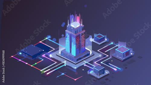 Isometric illustration of a futuristic data center with interconnected servers and central tower