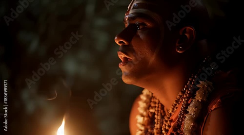 Close up profile of an Indian Hindu priest or Sadhu chanting prayers near a sacred oil lamp flame