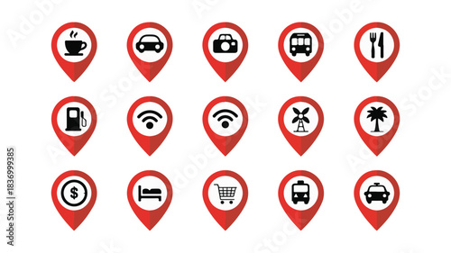 A Collection of 15 Location Pin Icons Representing Various Services and Transportation Options