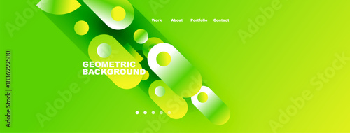 Bright green backdrop features overlapping rounded shapes. Text displays geometric background, plus navigation options above. Simple dots indicate further content.