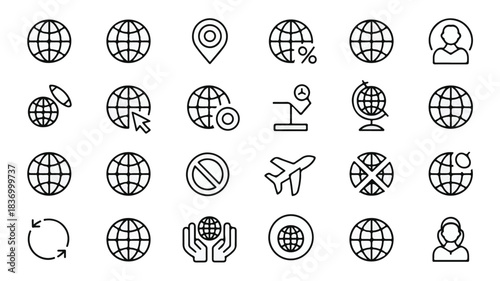 Modern black line art icon set for global connectivity, internet services, international business, worldwide travel, and digital communication, ideal for various projects