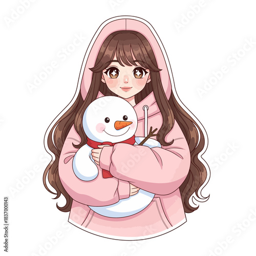 Adorable flat vector Christmas character illustration of a smiling girl in a warm winter pink hoodie holding a cute snowman, perfect for holiday-themed Christmas ornaments