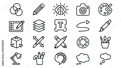 A comprehensive collection of twenty versatile black and white line art icons representing creative processes, artistic tools, digital design, and innovative thinking for graphic design projects