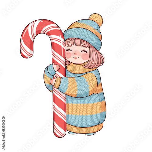 Cute flat design winter character holding a large candy cane, a festive Christmas ornament illustration ideal for holiday season greetings and graphic elements