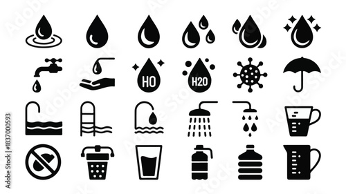 A Set of 24 Black and White Icons Representing Water-Related Concepts and Activities