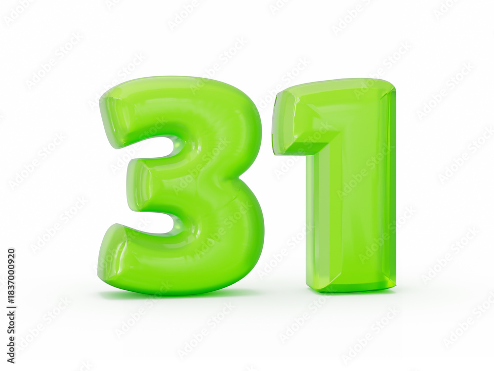 Obraz premium Vibrant, glossy, lime green numbers 31 in a unique jelly style. 3d illustration
