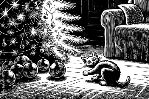 playful kitten rolls around shiny Christmas ornaments near a glowing Christmas tree, adding fun and energy to the holiday setting