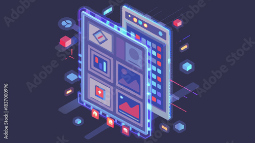 Isometric view of two tablets displaying images with floating geometric shapes on a dark background