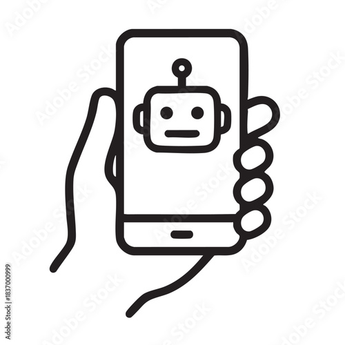 Hand holding smartphone with robot icon application on screen for digital assistance concept