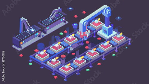 Isometric view of automated assembly line with robotic arms and conveyor belt system working in a factory