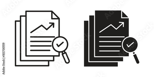 Analytics report icons in black glyph and liner versions for design.