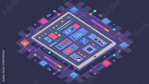 Isometric tablet with colorful interface elements and circuit board style background design concept art