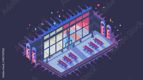 Isometric pixel art depiction of a bus station at night with benches and colorful lights around it