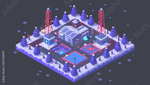 Isometric winter landscape with buildings towers and trees under a dark sky with snow falling down