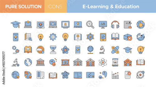A Set of 50 Minimalist Line-Art Icons Representing E-Learning and Education Concepts