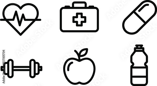 Collection of health and fitness icons heart rate, first aid, pill, dumbbell, apple, and water bottle