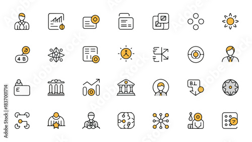 Comprehensive vector line icon collection for modern business, finance, data management, and strategic analytics concepts, ideal for digital solutions and corporate presentations