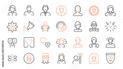 Modern minimalist line icon set showcasing diverse user avatars, professional roles, communication symbols, and essential graphic elements for web and app development